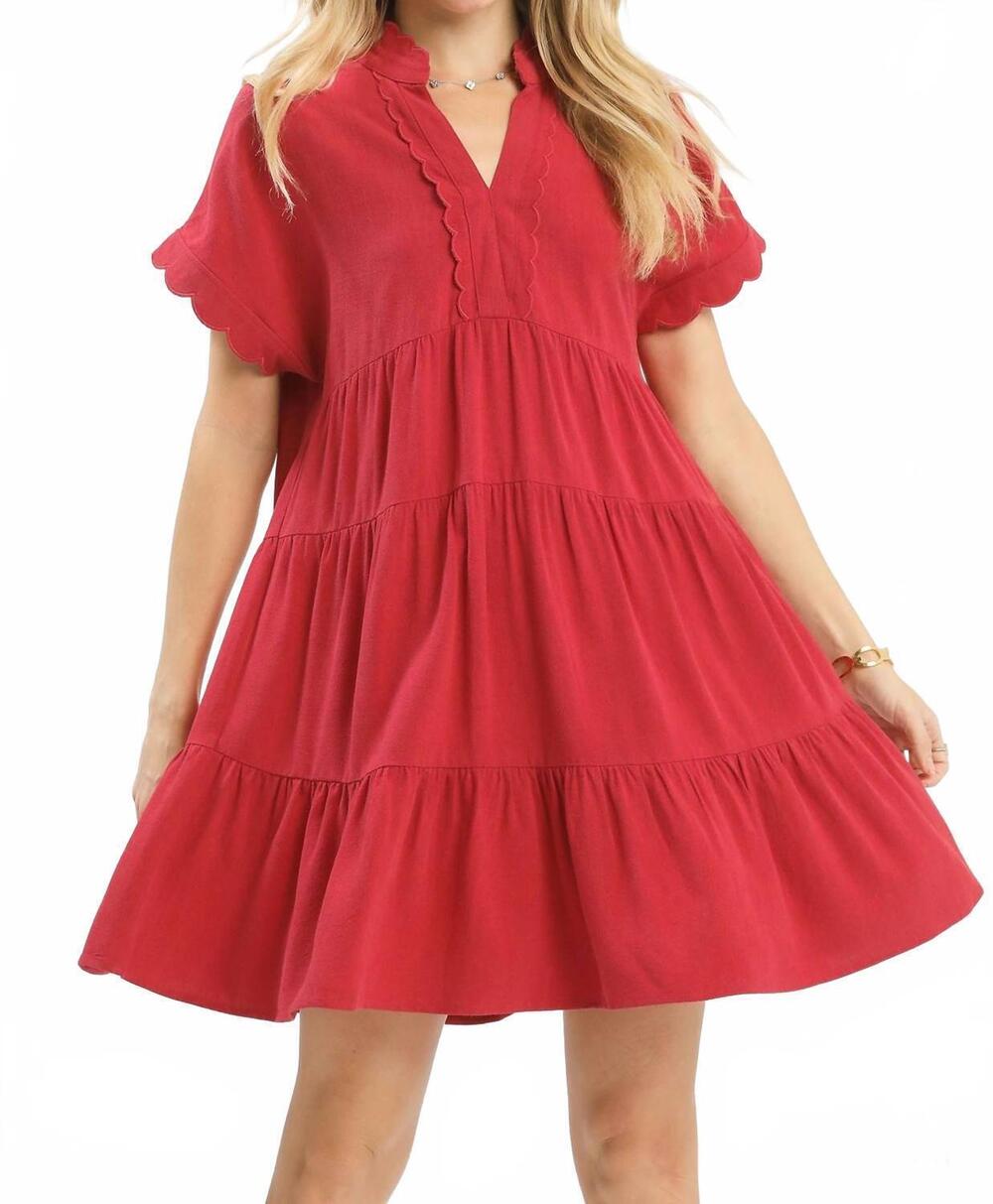 NEW UMGEE women's linen scalloped sleeve mini dress in raspberry